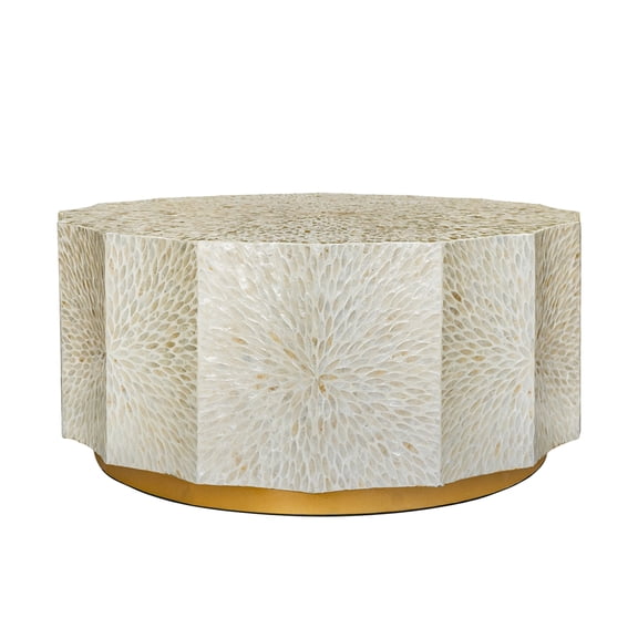 JERFIT 35.5 Inch Coastal Modern Coffee Table with Geometric Capiz Top and Wooden Base for Living Room, White and Gold Finish
