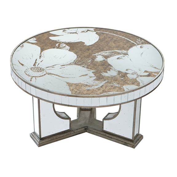 JERFIT 35.5 inch Round Coffee Table with Floral Design, Mirrored Silver Finish Glass Top for Living Room