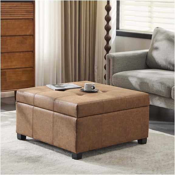 JERFIT 35 Inch Square Storage Ottoman Bench, Brown PU Leather Lift Top Footrest Stool with Hidden Storage for Living Room, Bedroom, Office