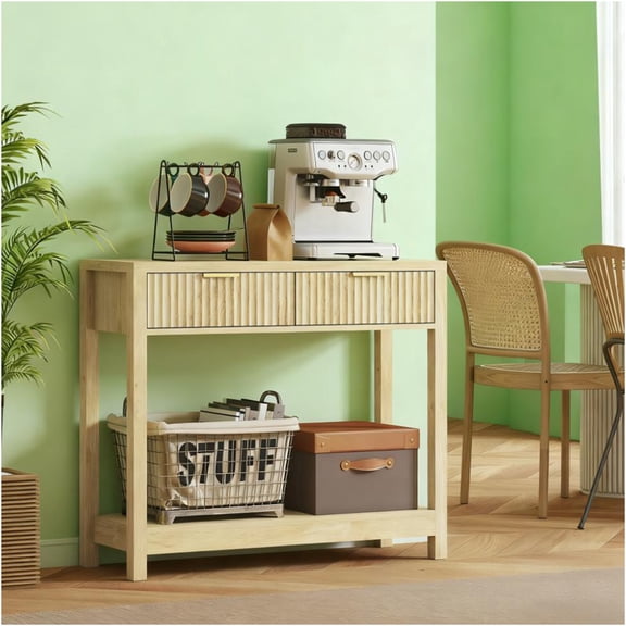 JERFIT 35" Narrow Console Table with Drawers & Shelf, Natural Wood Finish Sofa Table for Entryway, Hallway & Living Room