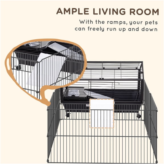 JERFIT 35" Small Animal Playpen Cage with Wheels, Portable Exercise Pen with Water Bottle & Ramp for Rabbits, Guinea Pigs, Hedgehogs, Hamsters