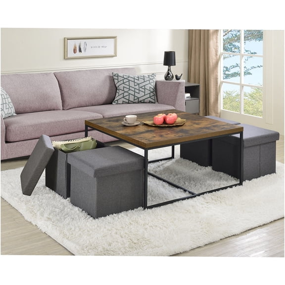 JERFIT 35 inch Coffee Table Set with Storage Stools, Weathered Oak Finish, MDF Top & Metal Base for Living Room