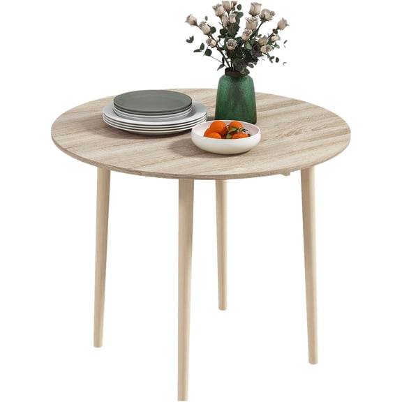 JERFIT 35 inch Round Drop Leaf Folding Table, Space Saving Kitchen Dining Table with Solid Wood Legs, Collapsible Small Apartment Table in Oak Finish