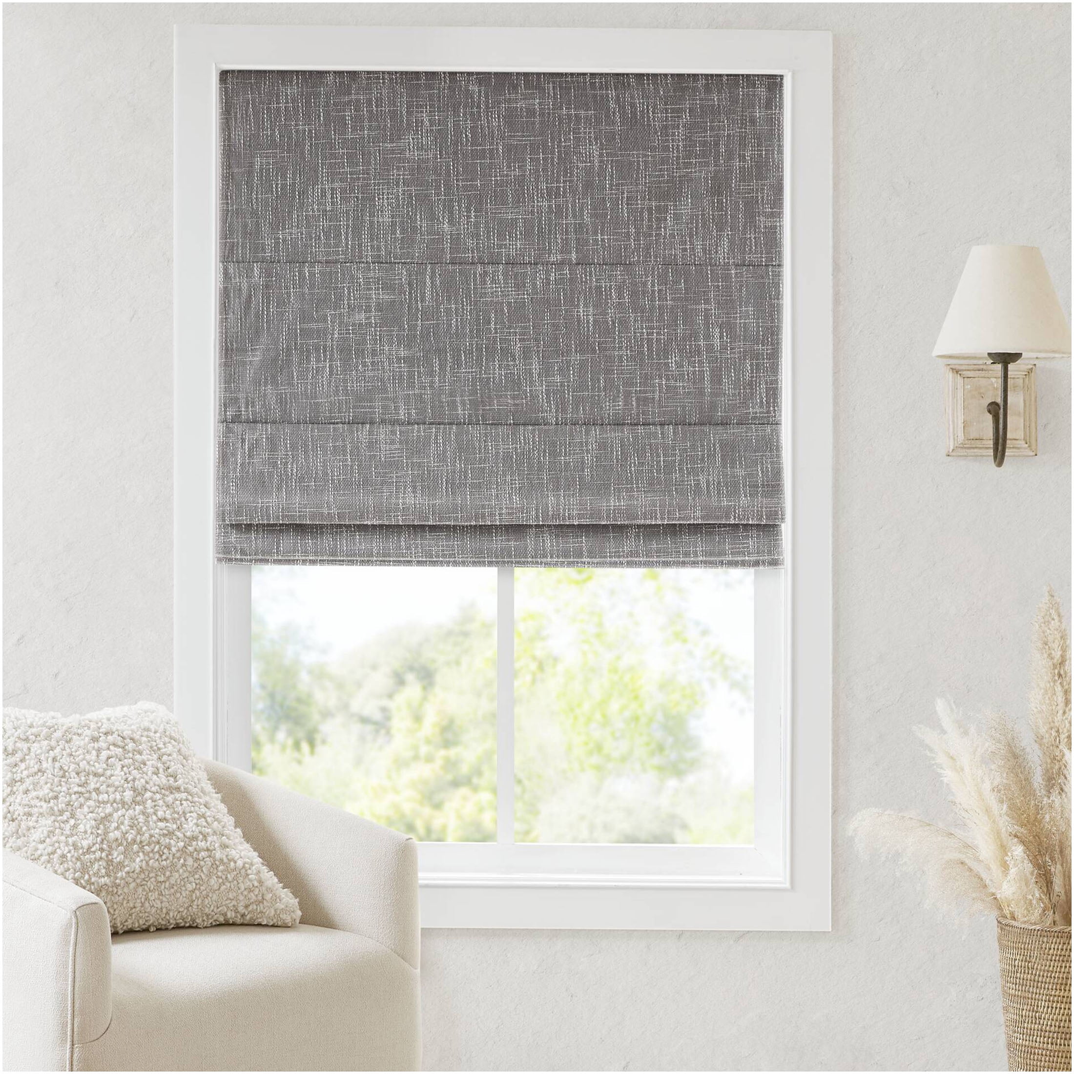 JERFIT 35x64 Inch Grey Cordless Total Blackout Roman Shade Window Blind - Polyester Fabric, No Drill Privacy Window Treatment for Bedroom