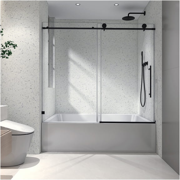 JERFIT 36-60 inch Matte Black Frameless Sliding Shower Door with Soft Close, Nano Easy-Clean & Explosion-Proof Film, Adjustable for Bathroom