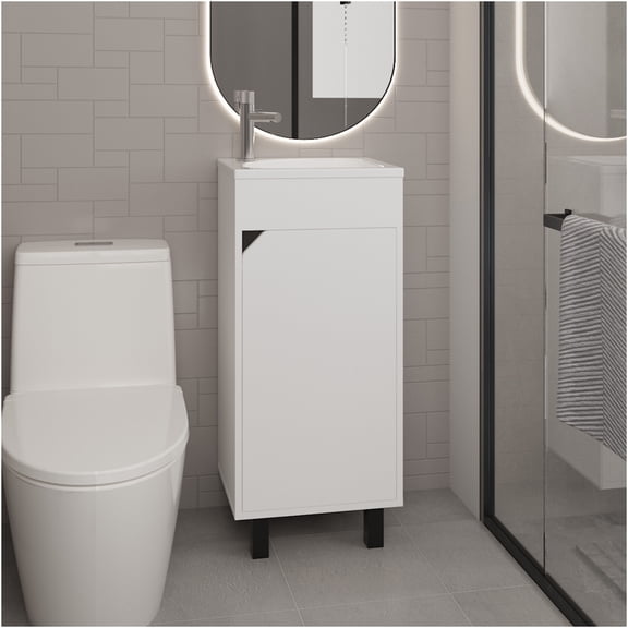 JERFIT 36 Inch Bathroom Vanity with Sink, White Single Door Storage Cabinet with 4 Legs, Modern Freestanding Floor Mounted Sink Console for Bathroom