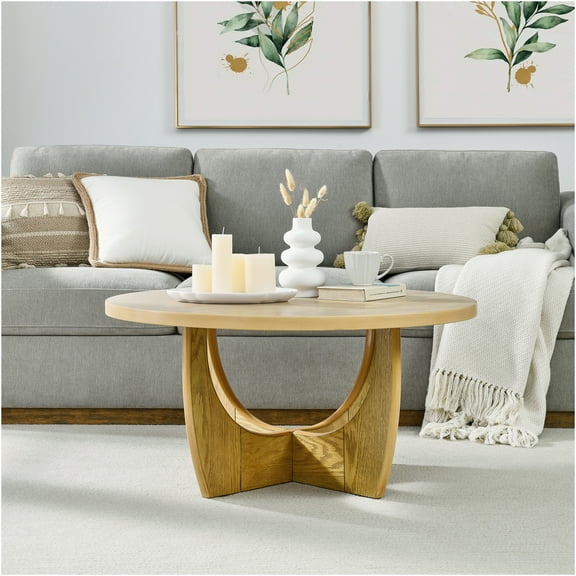 JERFIT 36 Inch Round Coffee Table for Living Room, Mid-Century Modern Oak Finish Center Table with Strong Storage Shelf, Sturdy MDF Wood Top