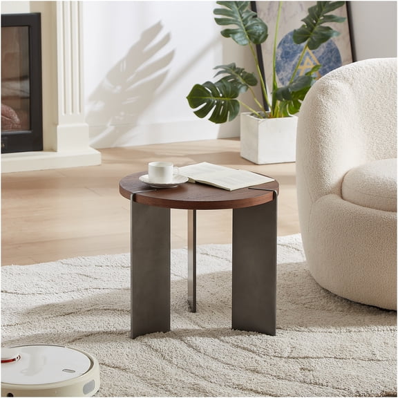JERFIT 36 Inch Round Coffee Table for Living Room, Modern Espresso Brown Wood Grain Top with Sturdy Black Metal Legs, Easy Assembly Center Table