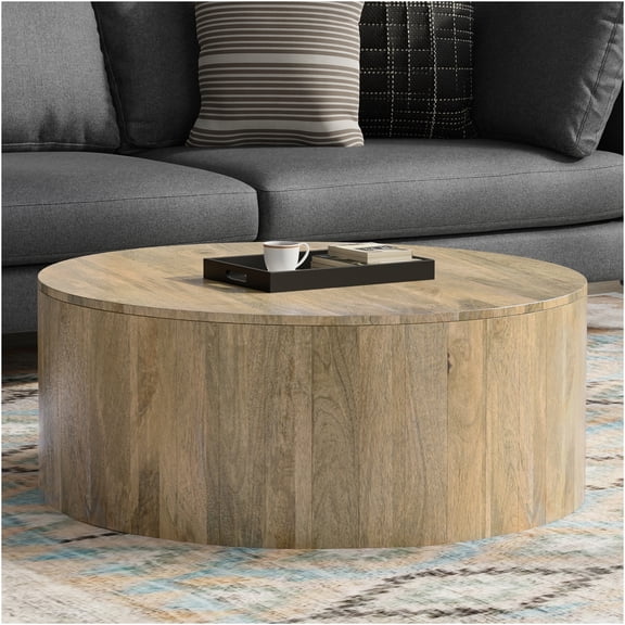 JERFIT 36 Inch Round Wood Coffee Table, Modern Drum Cocktail Table with Low-VOC Finish, Brown