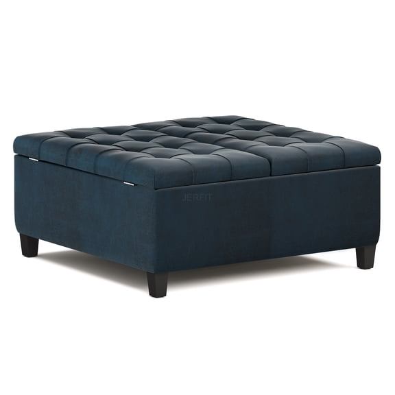 JERFIT 36 Inch Square Storage Ottoman Coffee Table with Lift Top, Faux Leather Blue Ottoman Foot Rest with Safety Hinge, Tufted Accent Bench for Living Room