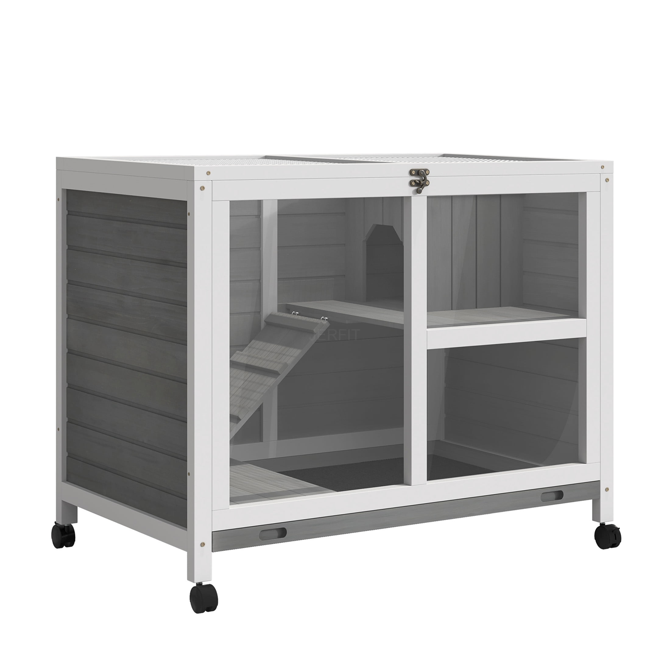 JERFIT 36" Rolling Rabbit Hutch with Wheels, Waterproof Wooden Bunny Cage Indoor, Portable Small Animal Home with Lockable Door & Leak-Proof Tray, Desk Side Table Size, Gray