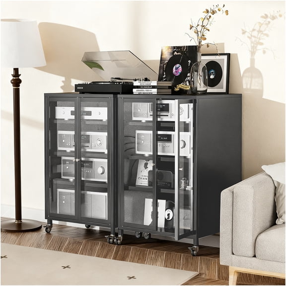 JERFIT 36 Rolling TV Stand with Glass Doors & Shelves, Heavy Duty Metal Entertainment Center with Wheels for Living Room, Black