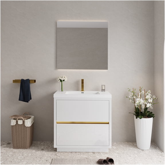JERFIT 36 inch Bathroom Vanity with Sink, Pre-Assembled Freestanding Vanity Cabinet with White Stone Resin Countertop, Soft Closing Drawers, High Gloss Finish for Modern Bathroom