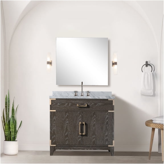 JERFIT 36 inch Bathroom Vanity with Soft-Close Doors, Solid Wood Frame in Brown Oak Finish, Pre-Assembled for Easy Installation