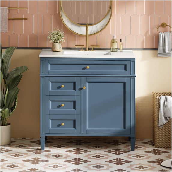 JERFIT 36 inch Indigo Blue Bathroom Vanity with Ceramic Sink, Modern Storage Cabinet with 3 Drawers and Organizer Door for Powder Room