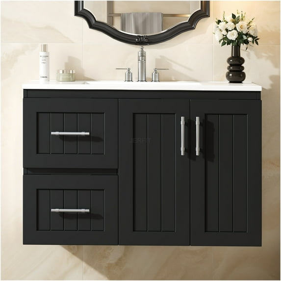 JERFIT 36 inch Modern Black Floating Bathroom Vanity with Ceramic Sink, 2 Soft-Close Drawers & Adjustable Shelf, Wall Mount Storage Cabinet