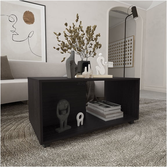 JERFIT 36 inch Modern Mobile Coffee Table with Wheels, Black Wengue Finish for Living Room, Compact Design with Shelf