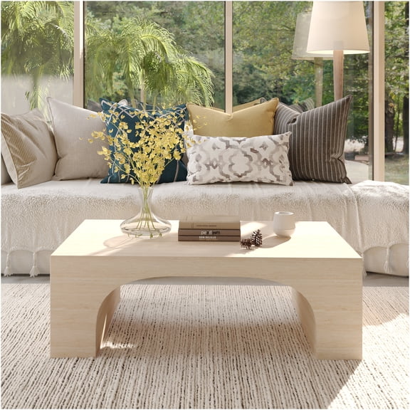JERFIT 36 inch Modern Travertine Coffee Table, Engineered Stone Top with Fixed Base for Living Room, Natural Color