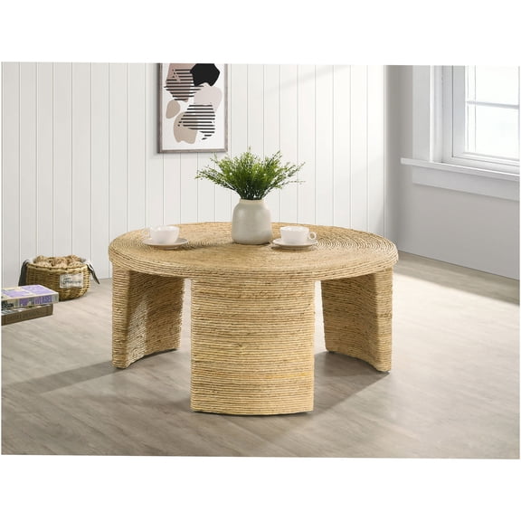 JERFIT 36 inch Natural Rattan Coffee Table Round Woven Accent Table for Living Room, Coastal Hamptons Style Center Table with Sturdy Frame