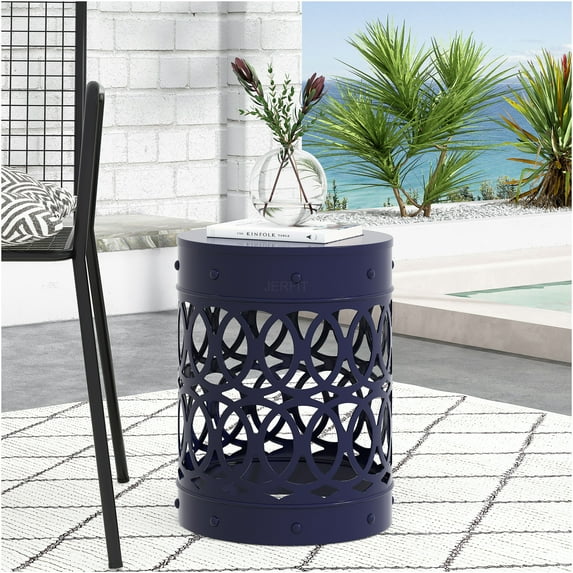 JERFIT 36 inch Outdoor End Table, Navy Blue Iron Accent Table with Modern Metal Cut-Out Design, No Assembly Required Patio Side Table for Garden, Poolside, Porch