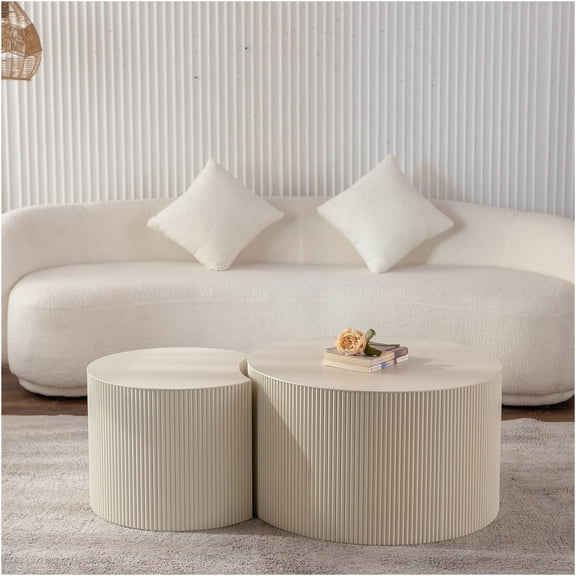 JERFIT 36 inch Round Coffee Table with Hand-Carved Details, No Assembly Required Modern Beige & White MDF Accent Table for Small Spaces