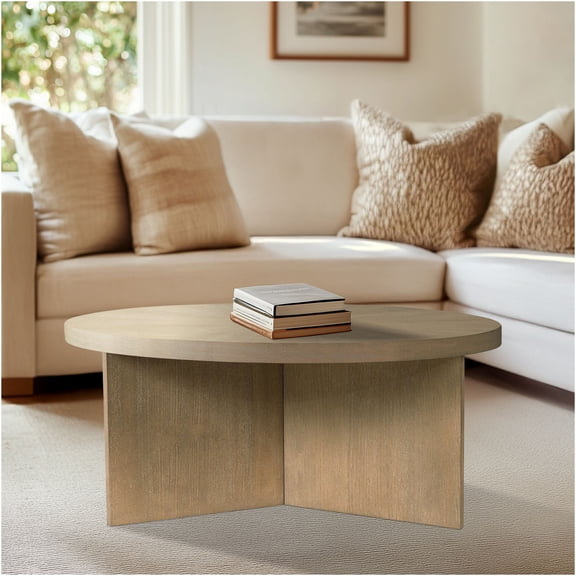 JERFIT 36 inch Round Coffee Table with Starburst Pattern, Reclaimed Greige Finish, MDF with Wood Veneer, Natural Tone for Living Room