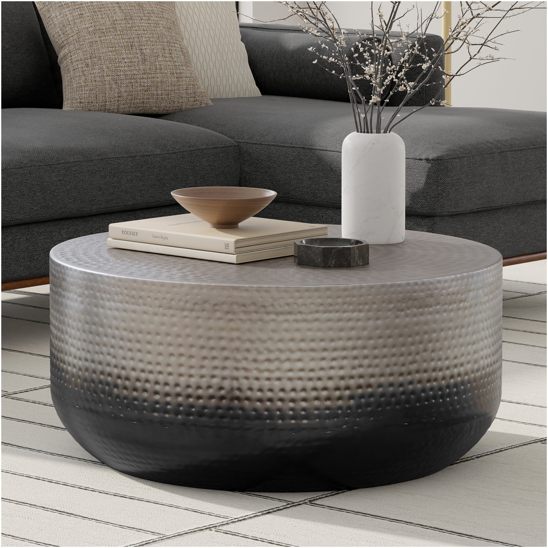 JERFIT 36 inch Round Hammered Metal Coffee Table with Ombre Finish