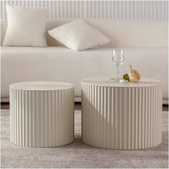 JERFIT 36 inch Round Modern Coffee Table for Living Room, No Assembly Required, Handcrafted Relief Design, Beige MDF Top with Cream Base