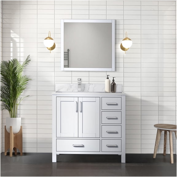 JERFIT 36 inch White Bathroom Vanity Set with Carrara Marble Top, Single Hole Faucet and Wall Mirror, Left Offset Sink, Wood Base