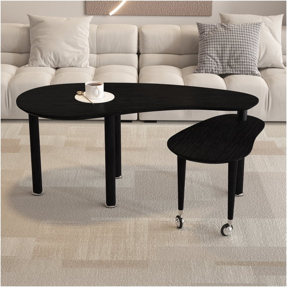 JERFIT 360 Rotating Coffee Table with Slide-Out Nesting Table, Modern Cocktail Table with Solid Wood Legs, MDF Wood Veneer Top for Living Room, Black