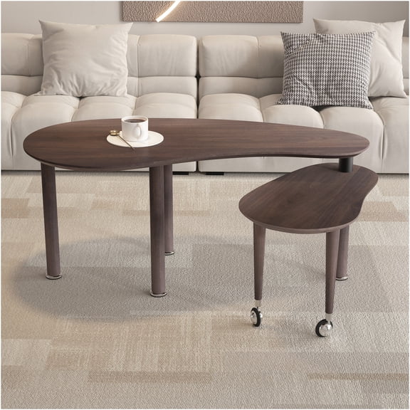 JERFIT 360 Rotating Coffee Table with Walnut Top, Modern Nesting Cocktail Table for Living Room, Waterproof MDF Top & Solid Wood Legs