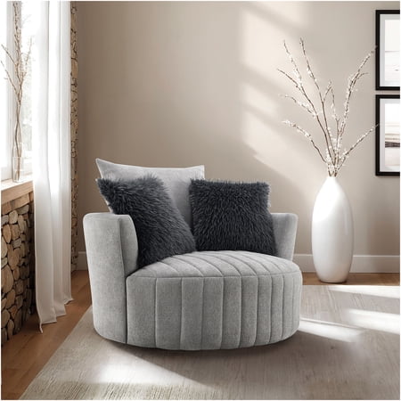 JERFIT 360° Swivel Accent Chair with Channel Tufted Back, Light Gray Oversized Round Chair for Living Room