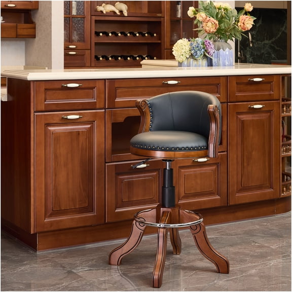 JERFIT 360 Swivel Bar Stool with Back, Adjustable Height Counter Stool, Upholstered Cowhide Leather Seat, Solid Wood Frame for Kitchen Island, Breakfast Nook, Blue