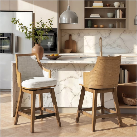 JERFIT 360 Swivel Bar Stool with Cane Rattan Back, Recessed Arms, and Footrest - Modern Gray Upholstered Counter Height Stool for Kitchen Island, Dining, and Home Decor
