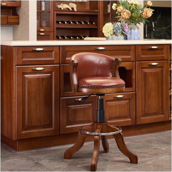 JERFIT 360 Swivel Bar Stool with Back, Adjustable Height Cowhide Leather Seat, Solid Wood Frame for Kitchen Island, Counter, Brown