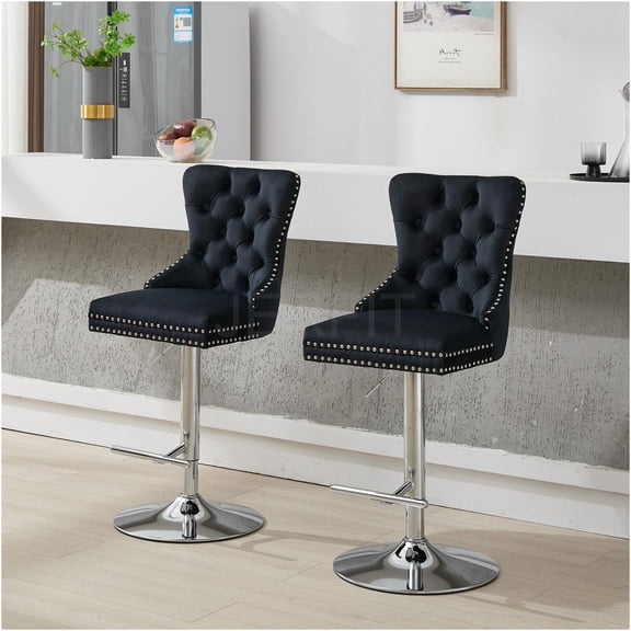 JERFIT 360 Swivel Bar Stools Set of 2, Modern Upholstered Velvet Counter Stools with Adjustable Height, Tufted Back, Chrome Base for Kitchen Island, Home Pub