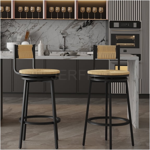 JERFIT 360 Swivel Bar Stools Set of 2, Handwoven Paper Rope Counter Stools with Backrest, Rustic Farmhouse Kitchen Island Dining Chairs, Honey Color