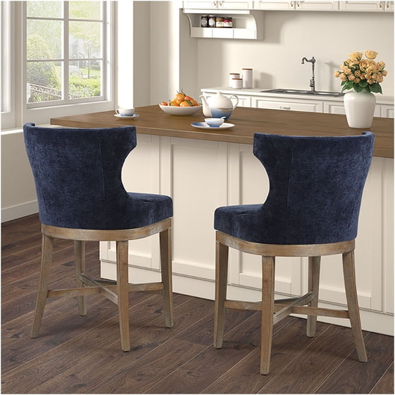 JERFIT 360 Swivel Counter Stool with Upholstered Wingback, Navy Polyester Fabric and Reclaimed Wood Legs for Kitchen Island Bar