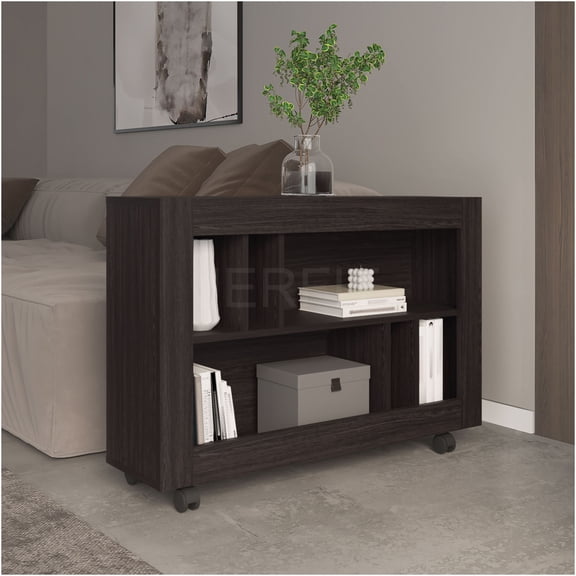 JERFIT 37.4" Modern Mobile Console Table with Wheels, 6-Tier Storage Shelf, Entryway Hallway Sofa Table, Black Engineered Wood