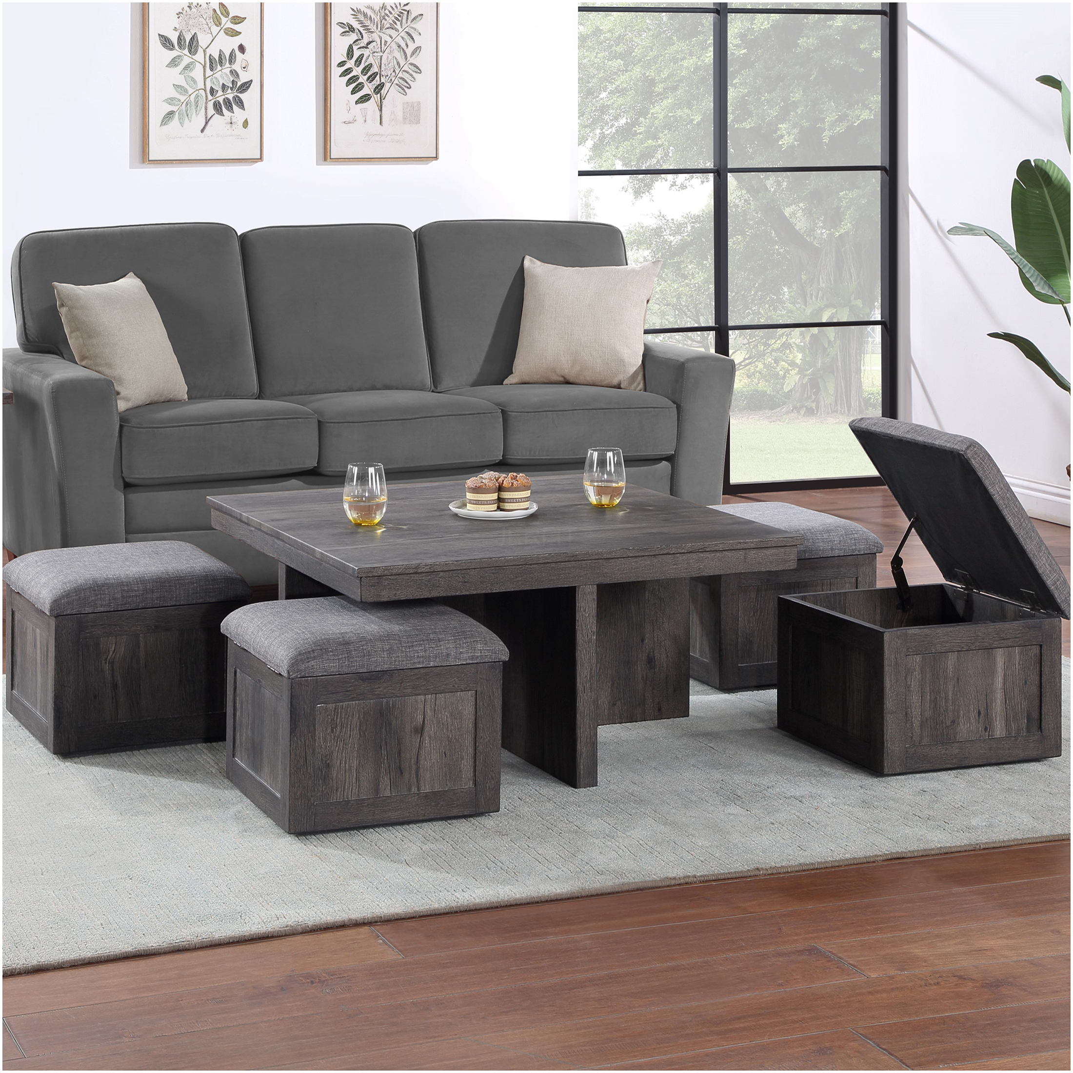JERFIT 38 Inch Farmhouse Coffee Table Set with 4 Storage Ottomans, Rubber Wood Cocktail Table with Wheels for Living Room