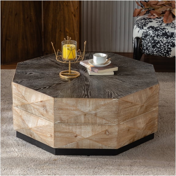 JERFIT 38 Inch Hexagon Solid Wood Coffee Table, Natural Wood Retro Cocktail Table with 3D Carved Pattern for Farmhouse Living Room, Office
