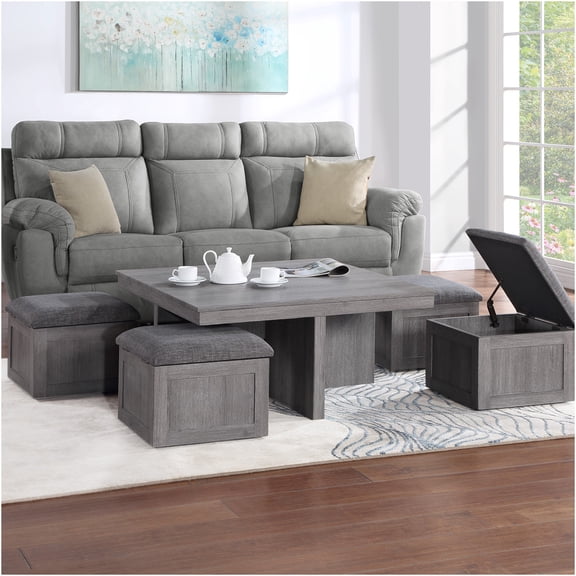 JERFIT 38 Inch Light Gray Coffee Table with 4 Storage Ottomans, Rubber Wood Modern Nesting Cocktail Table with Wheels for Living Room