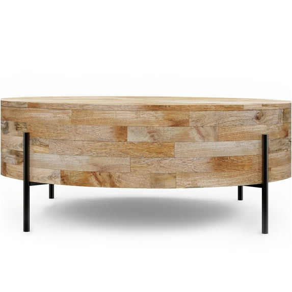 JERFIT 38 Inch Round Drum Coffee Table, Solid Mango Wood Cocktail Table with Metal Legs for Living Room, Light Brown Finish