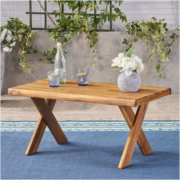JERFIT 39.25" Acacia Wood Coffee Table for Living Room, Sandblast Teak Finish Rustic Patio Table with Classic X-Base Design