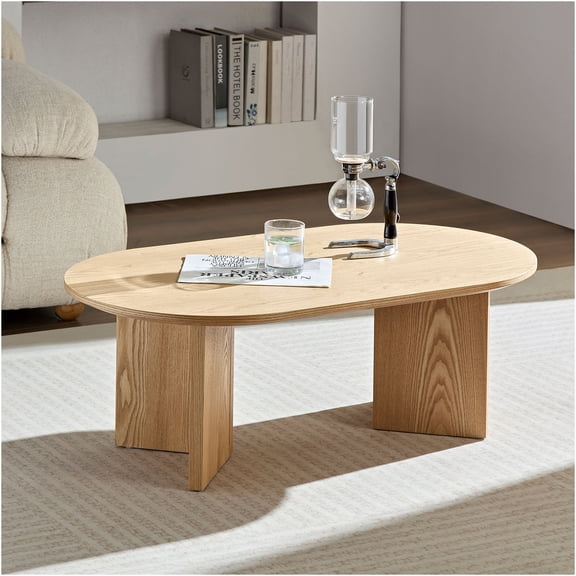 JERFIT 39.37 inch Oval Pedestal Coffee Table, Modern MDF Wood Surface Small Apartment Living Room Bedroom Center Table, Oak Finish