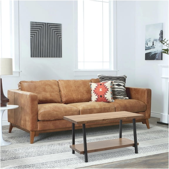 JERFIT 39 Inch Walnut Wood Coffee Table with Lower Shelf, Rustic Cocktail Table for Living Room, Solid Wood Console Table