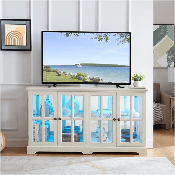 JERFIT 4-Door Antique White Display Cabinet with LED Lights, Bluetooth & Remote Control, Adjustable Glass Shelves Curio Showcase for Collectibles