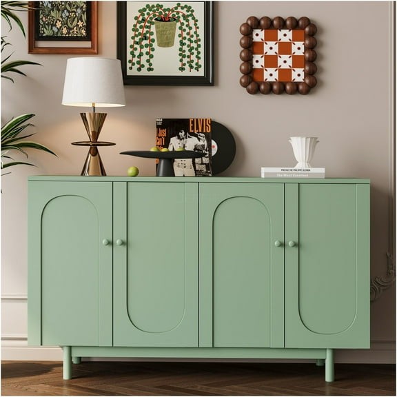 JERFIT 4-Door Storage Cabinet with Intaglio Design, Mint Green Freestanding Organizer with Adjustable Shelves for Living Room, Bedroom, Kitchen