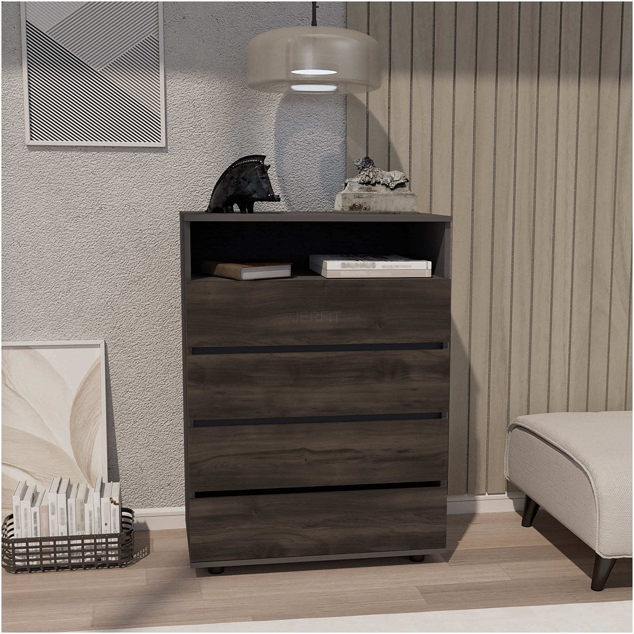 JERFIT 4-Drawer Dresser, Modern Gray Chest of Drawers with Large Storage, Compact Bedroom Furniture for Small Spaces