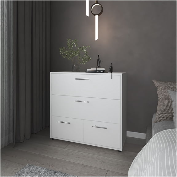 JERFIT 4-Drawer Dresser for Bedroom, Modern White Chest of Drawers with Smooth Gliding Storage, Compact Dresser with Handle Pulls